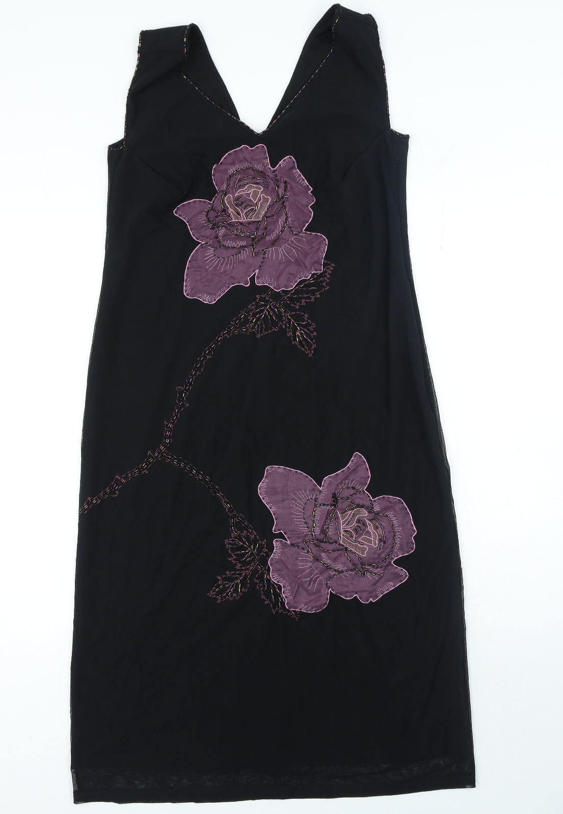 Linea Womens Black Floral Nylon A-Line Size 16 V-Neck Zip