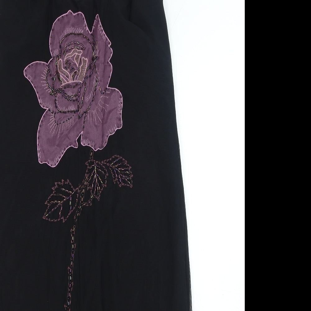 Linea Womens Black Floral Nylon A-Line Size 16 V-Neck Zip