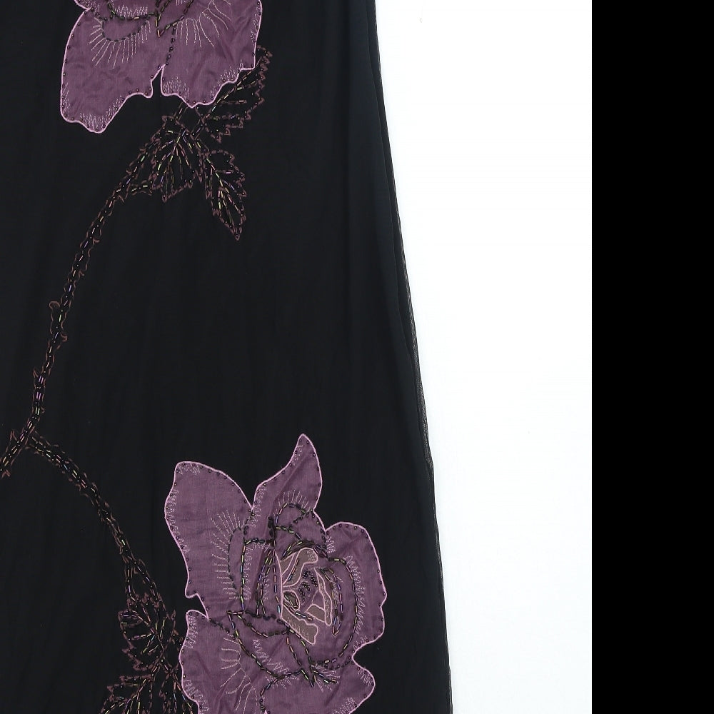 Linea Womens Black Floral Nylon A-Line Size 16 V-Neck Zip