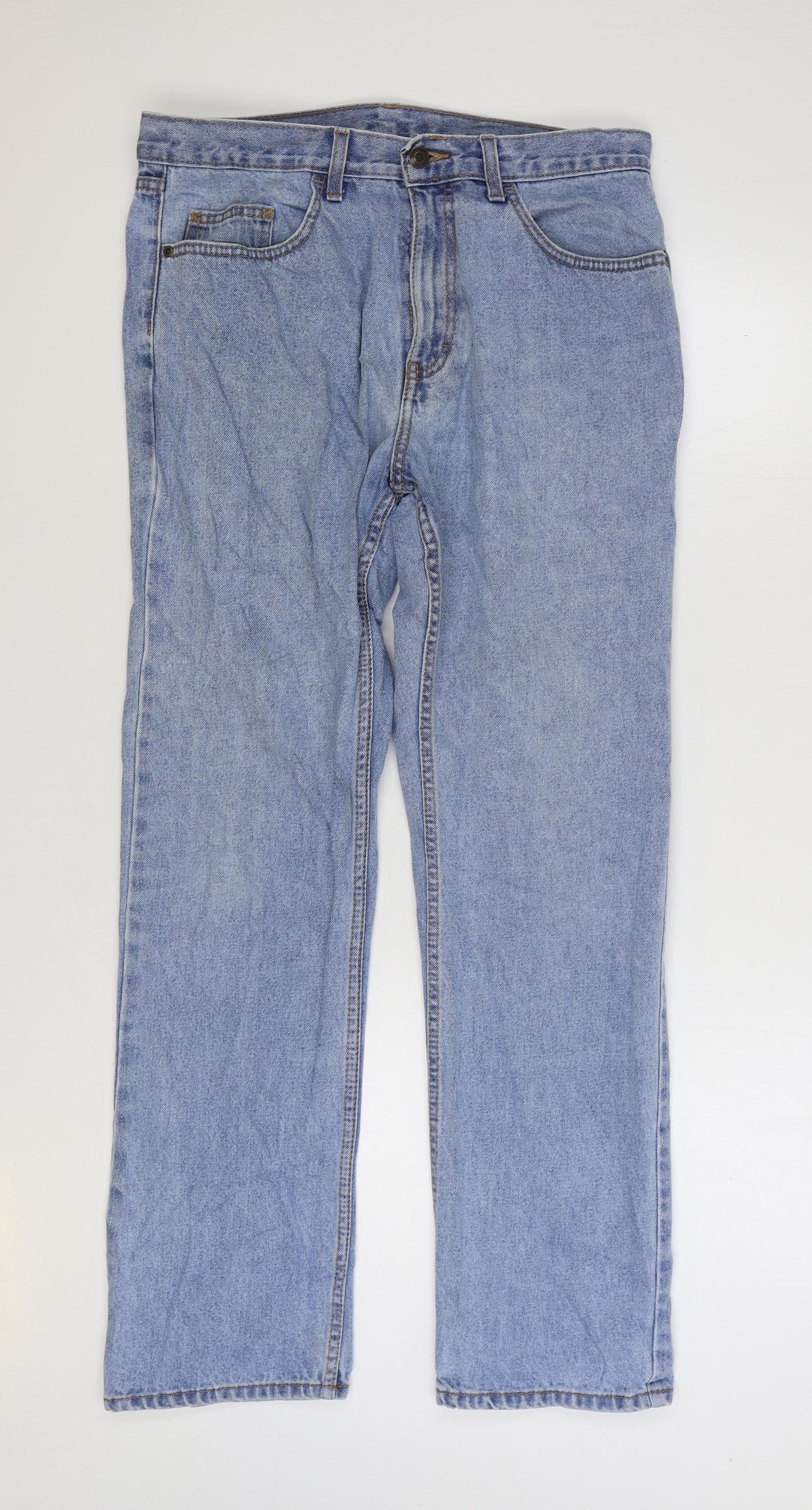 Marks and Spencer Mens Blue Cotton Straight Jeans Size 32 in L31 in Regular Zip
