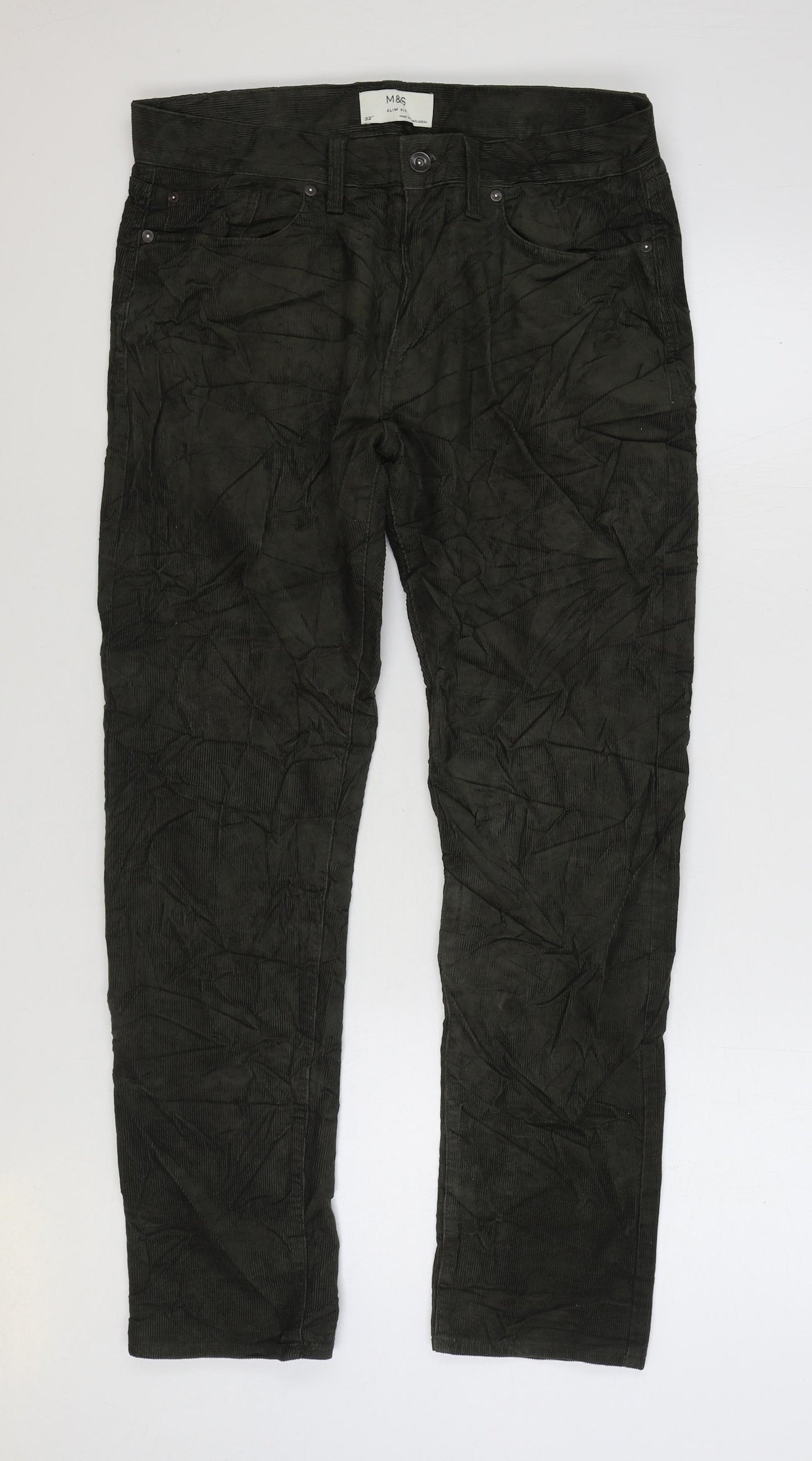 Marks and Spencer Mens Green Cotton Trousers Size 32 in L29 in Regular Zip