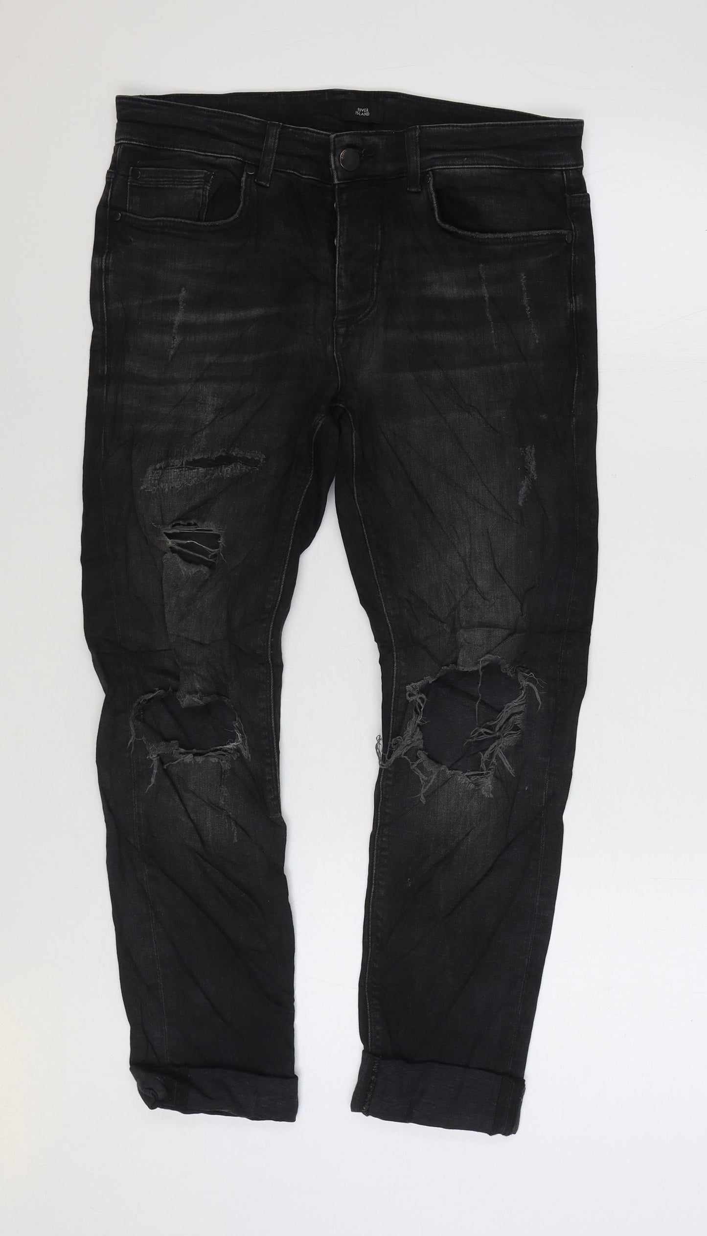 River Island Mens Black Cotton Straight Jeans Size 30 in L30 in Regular Zip