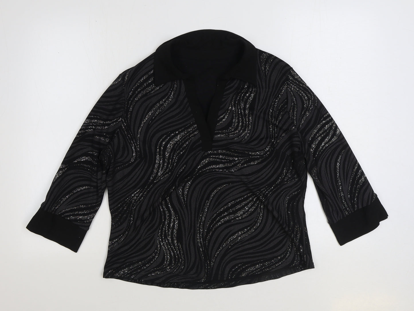 Preworn Womens Black Animal Print Polyester Basic Blouse Size 18 V-Neck - Zebra Print