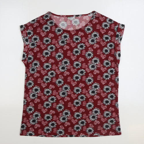Preworn Womens Red Floral Polyester Basic T-Shirt Size 18 Round Neck - Hearts