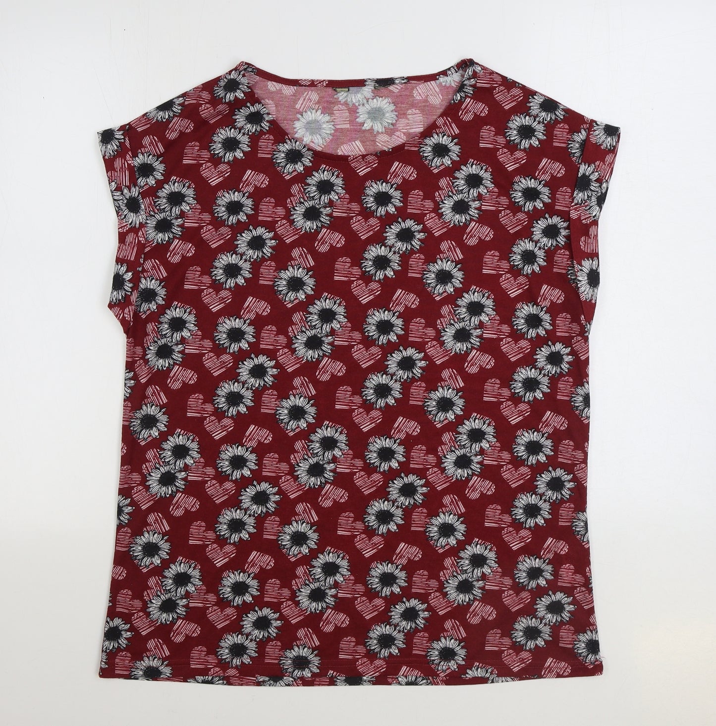 Preworn Womens Red Floral Polyester Basic T-Shirt Size 18 Round Neck - Hearts