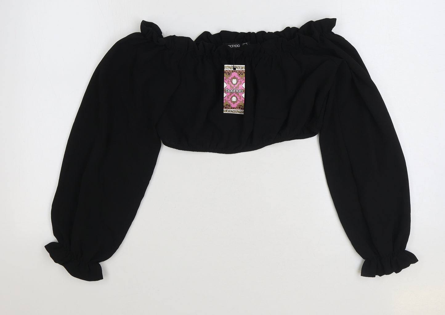 Boohoo Womens Black Polyester Basic Blouse Size 14 Off the Shoulder - Cropped