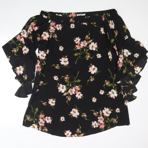 NB Avenue Womens Black Floral Polyester Tunic Blouse Size L Off the Shoulder