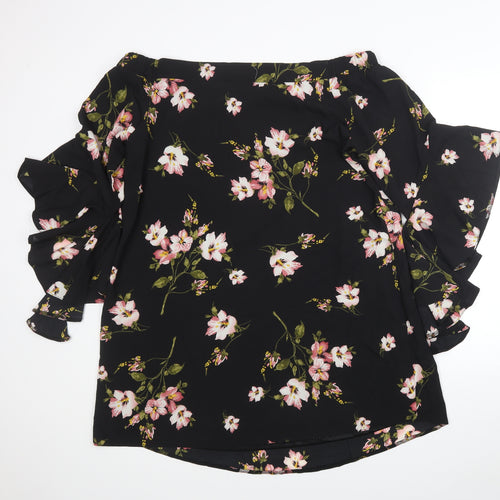 NB Avenue Womens Black Floral Polyester Tunic Blouse Size L Off the Shoulder