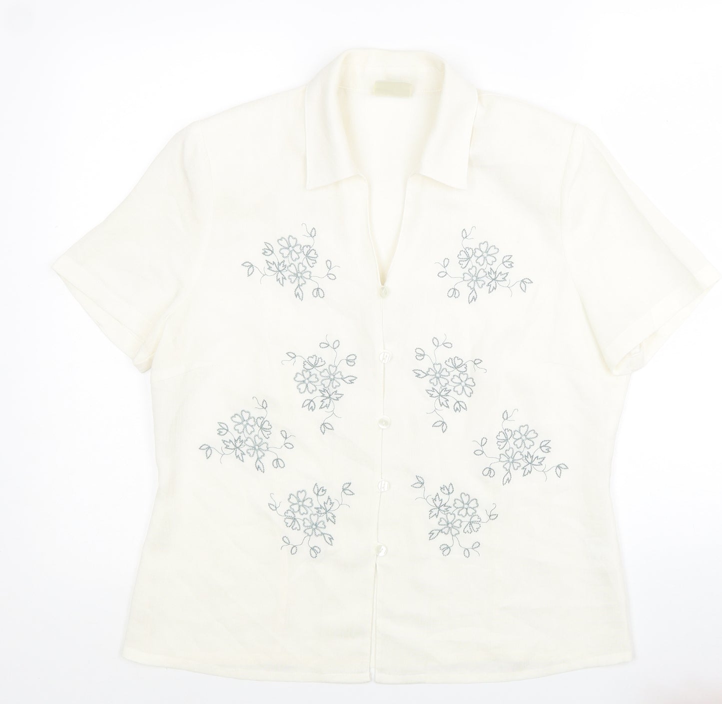 Eastex Womens White Polyester Jersey Button-Up Size 12 Collared - Flower Detail