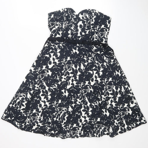 New Look Womens Black Floral Cotton Fit & Flare Size 12 Sweetheart Zip