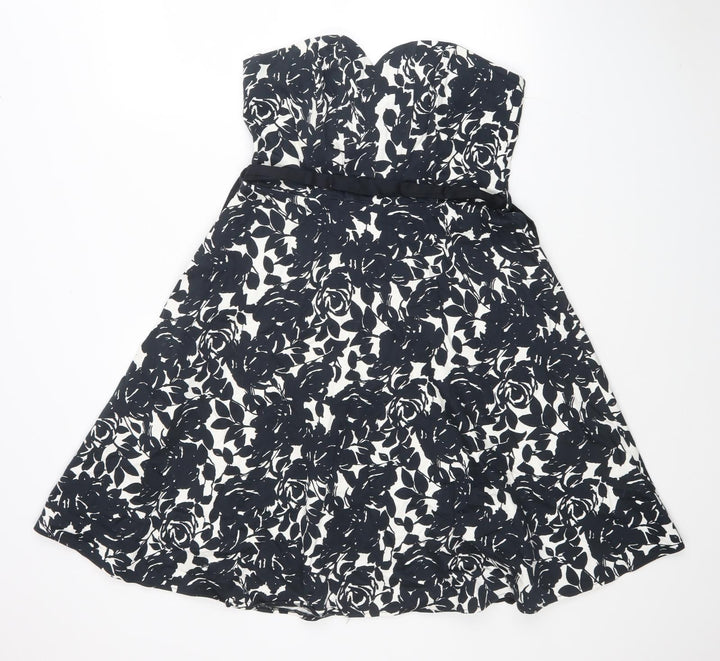 New Look Womens Black Floral Cotton Fit & Flare Size 12 Sweetheart Zip