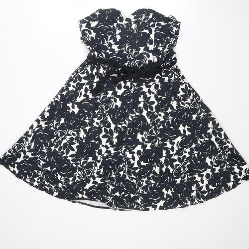 New Look Womens Black Floral Cotton Fit & Flare Size 12 Sweetheart Zip