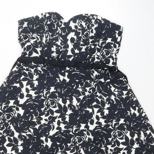 New Look Womens Black Floral Cotton Fit & Flare Size 12 Sweetheart Zip