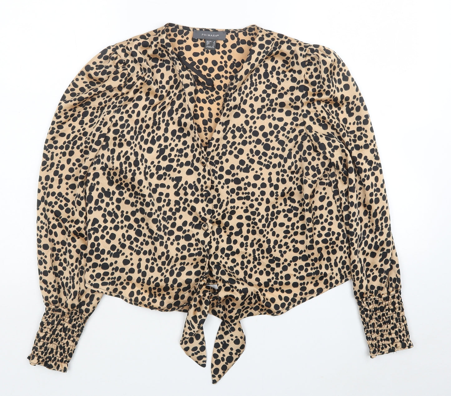 Primark Womens Beige Animal Print Polyester Basic Blouse Size 8 V-Neck - Leopard Print