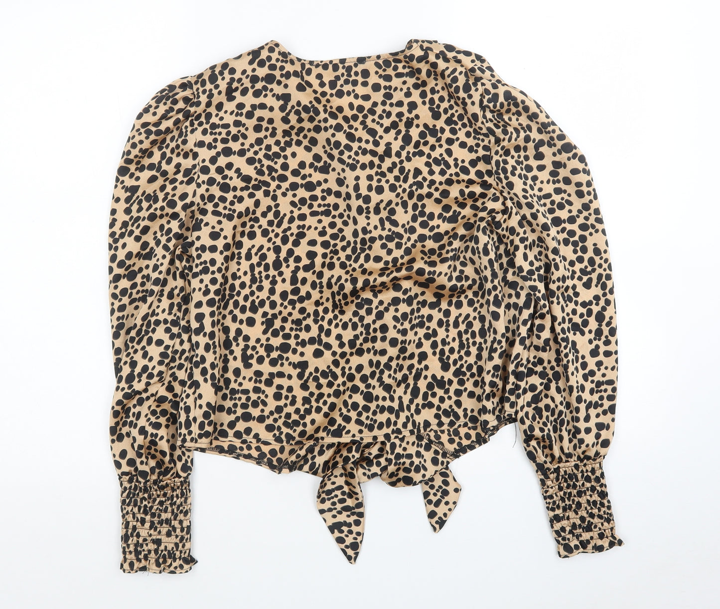 Primark Womens Beige Animal Print Polyester Basic Blouse Size 8 V-Neck - Leopard Print