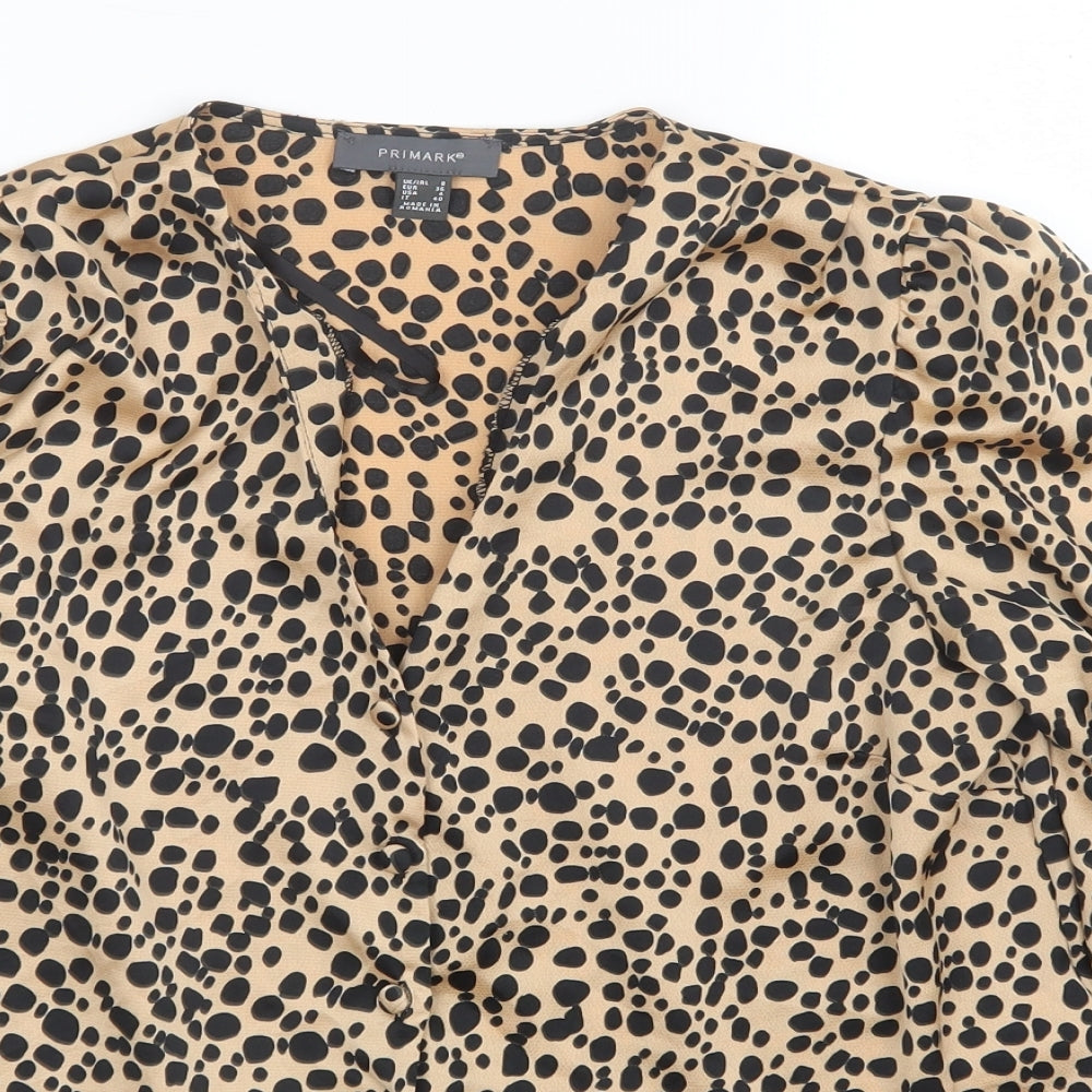 Primark Womens Beige Animal Print Polyester Basic Blouse Size 8 V-Neck - Leopard Print