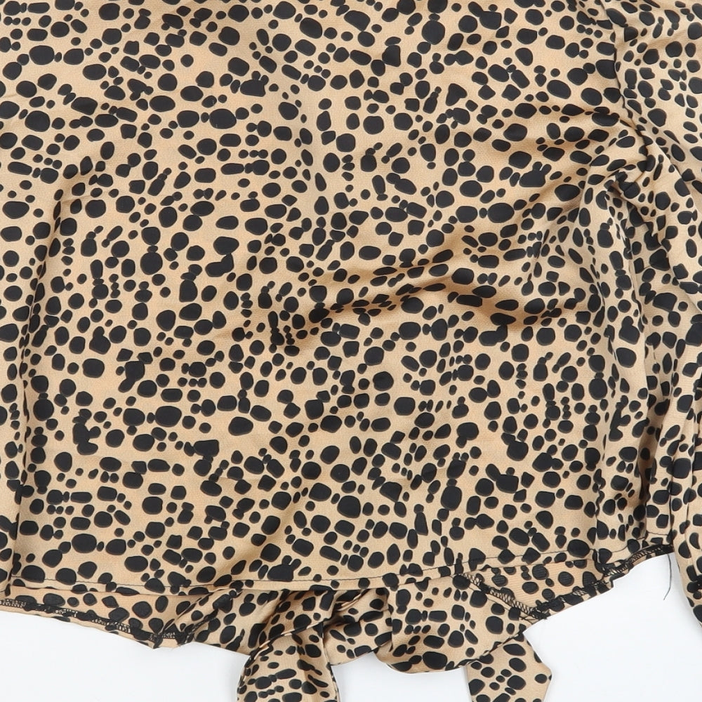 Primark Womens Beige Animal Print Polyester Basic Blouse Size 8 V-Neck - Leopard Print