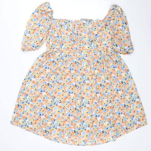 SheIn Womens Yellow Floral Polyester Fit & Flare Size L Square Neck Tie
