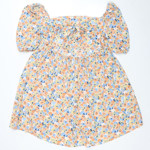 SheIn Womens Yellow Floral Polyester Fit & Flare Size L Square Neck Tie