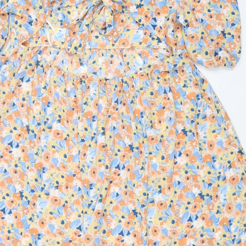 SheIn Womens Yellow Floral Polyester Fit & Flare Size L Square Neck Tie