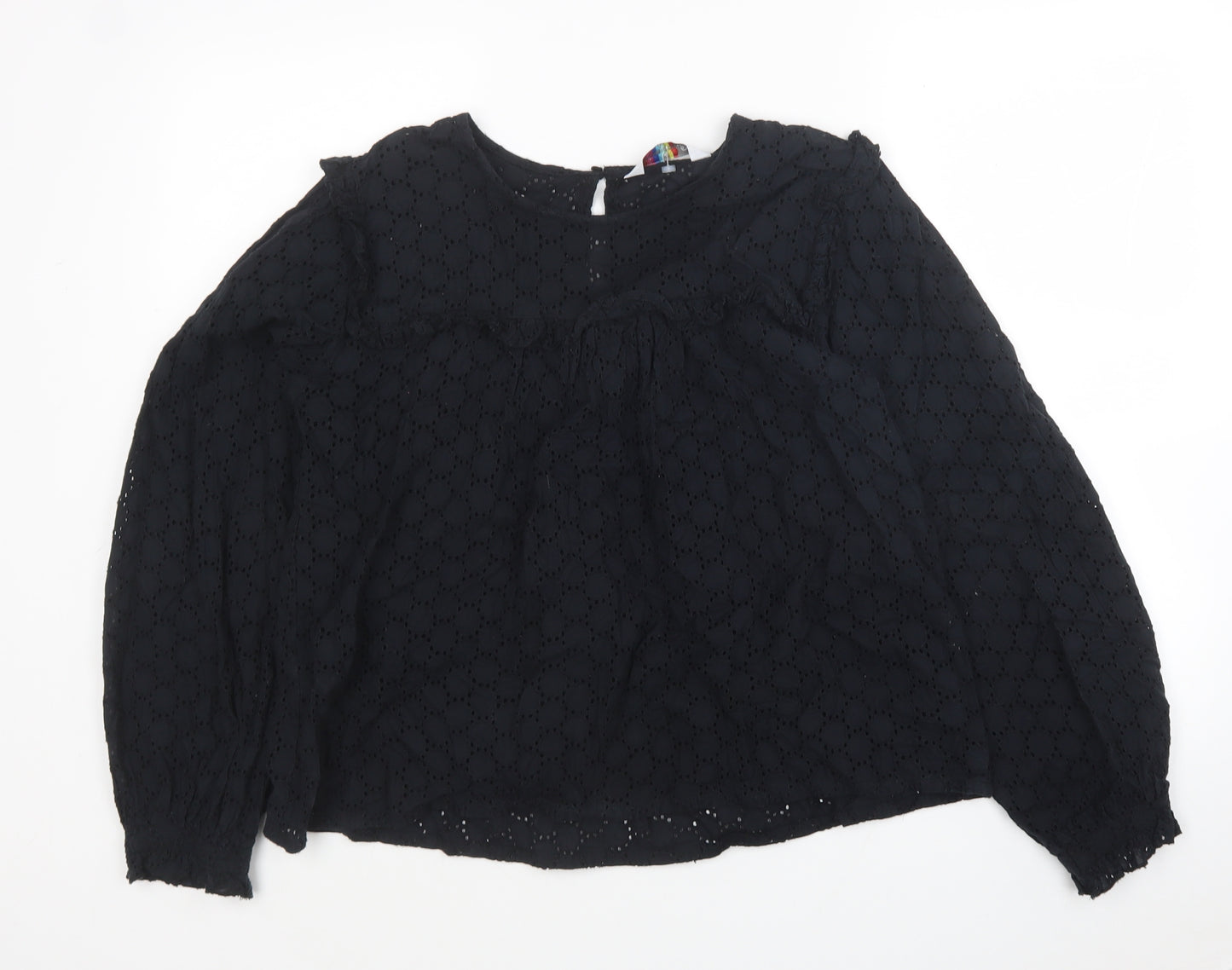 Compania Fantasia Womens Black Geometric Cotton Basic Blouse Size L Round Neck