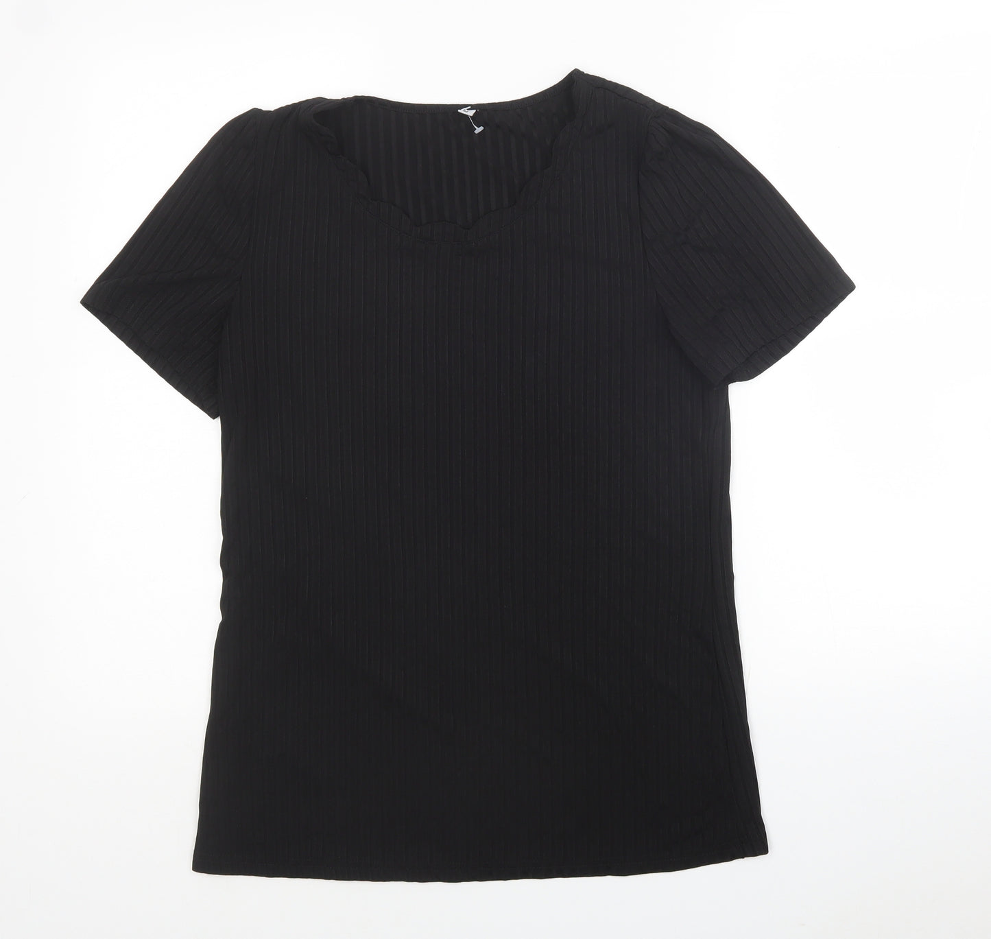 Preworn Womens Black Striped Polyester Basic T-Shirt Size M Round Neck - Ribbed