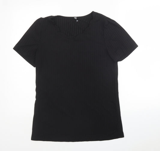 Front view of Preworn women’s black striped polyester basic t-shirt, size M, round neck - ribbed