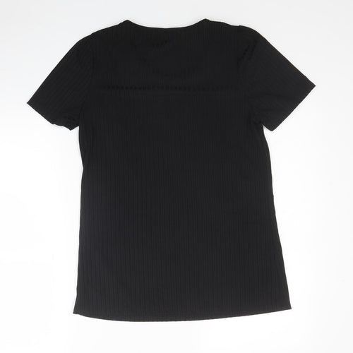 Preworn Womens Black Striped Polyester Basic T-Shirt Size M Round Neck - Ribbed