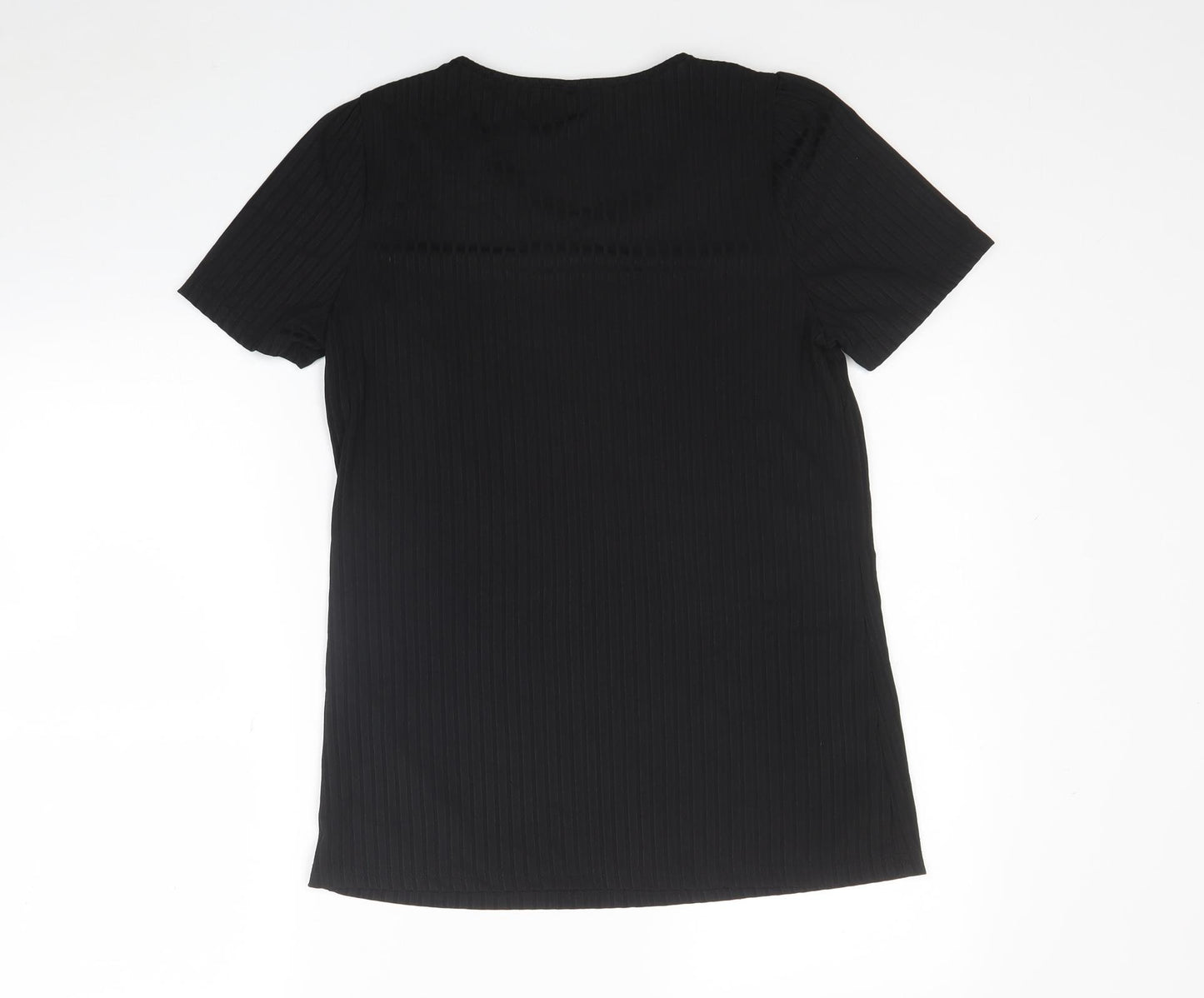 Preworn Womens Black Striped Polyester Basic T-Shirt Size M Round Neck - Ribbed