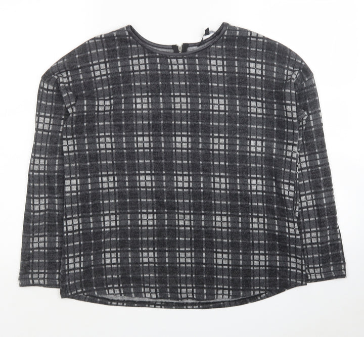 Peacocks Womens Grey Plaid Polyester Basic Blouse Size 12 Round Neck