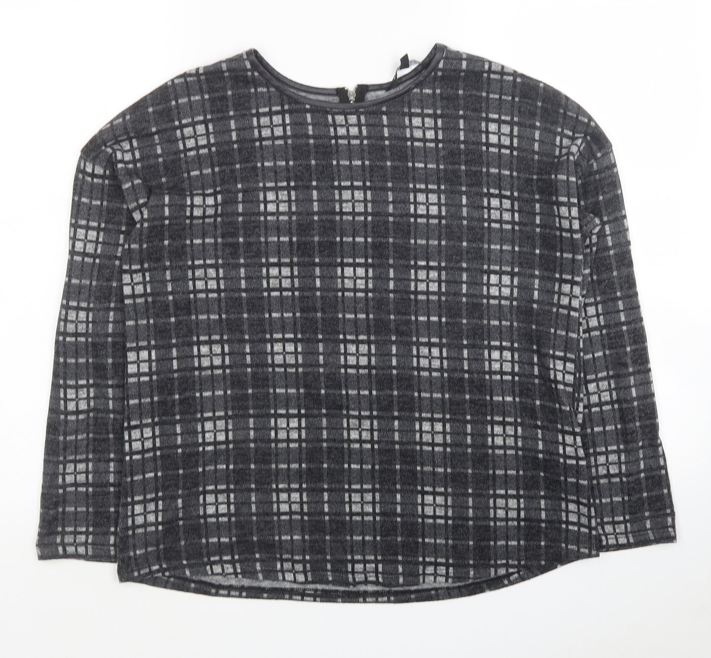 Peacocks Womens Grey Plaid Polyester Basic Blouse Size 12 Round Neck