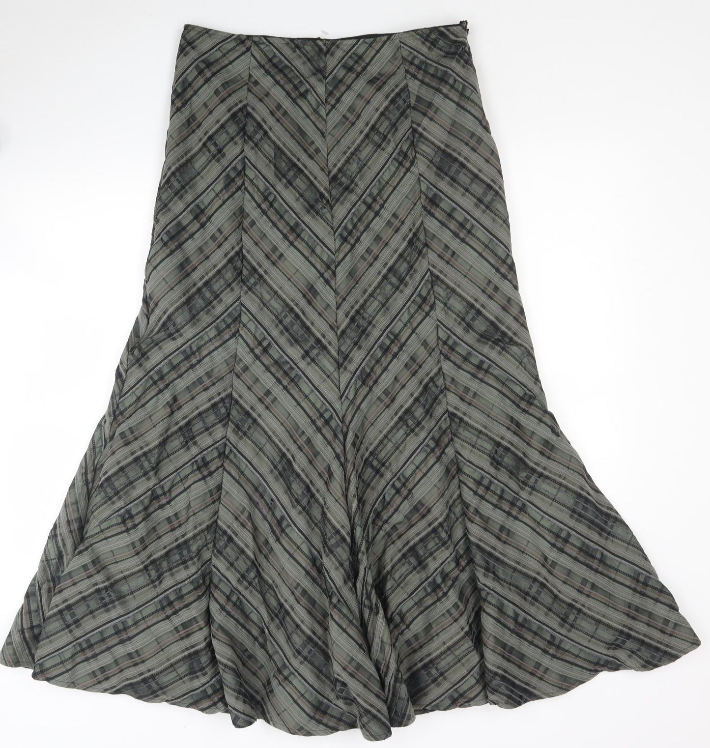 Preworn Womens Green Striped Polyester Trumpet Skirt Size 12 Zip