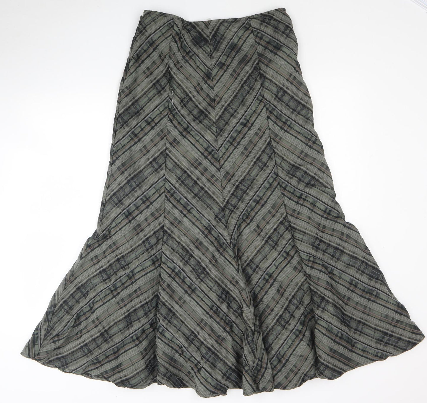 Preworn Womens Green Striped Polyester Trumpet Skirt Size 12 Zip