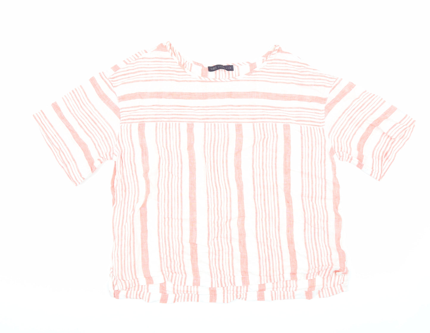 Marks and Spencer Womens Pink Striped Linen Basic Blouse Size 12 Boat Neck