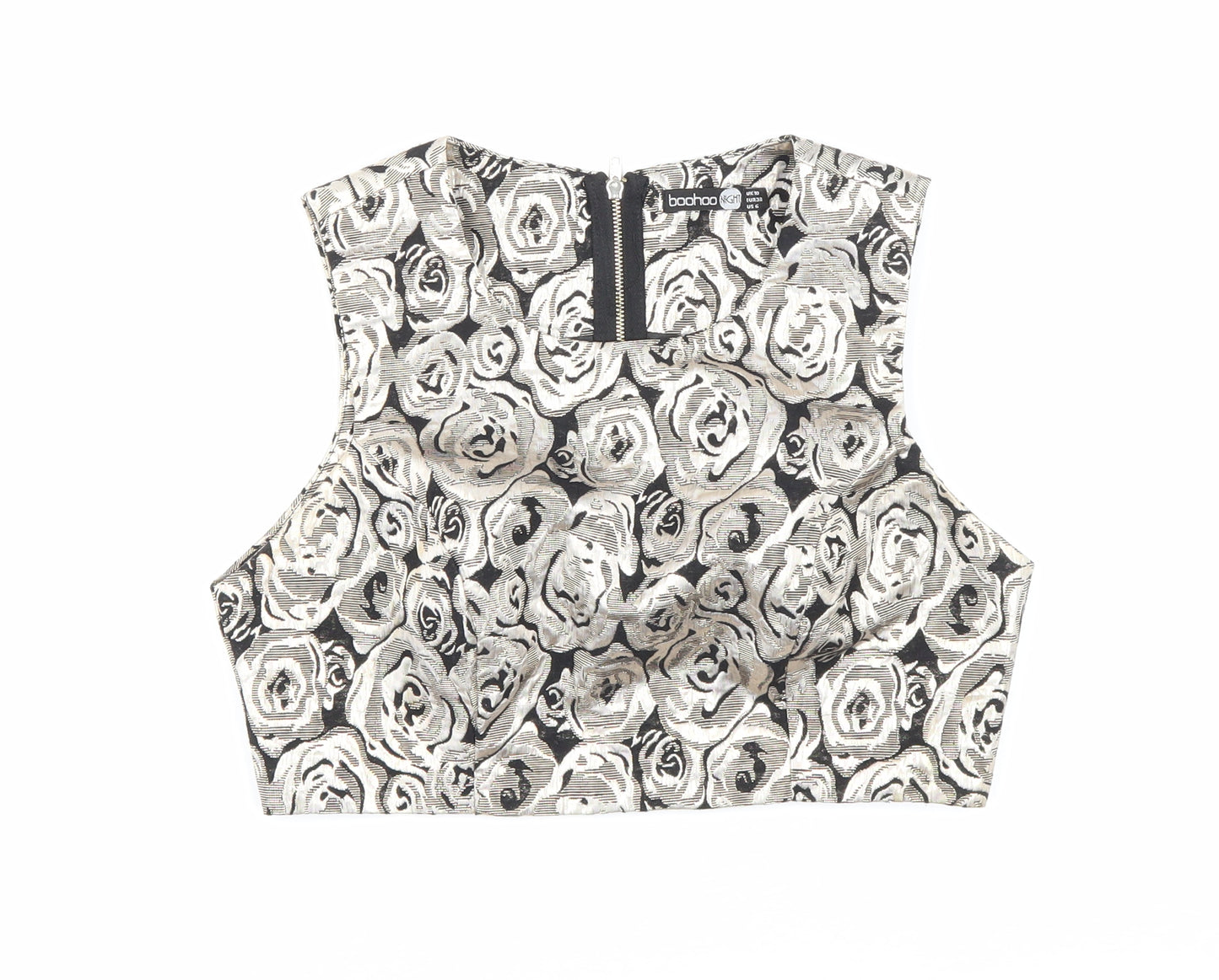 Boohoo Womens Gold Floral Polyester Cropped Blouse Size 10 Scoop Neck