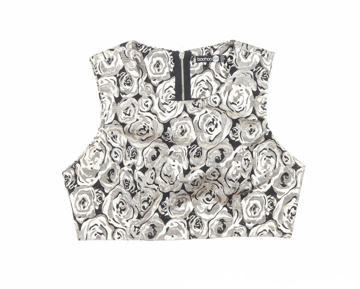 Boohoo Womens Gold Floral Polyester Cropped Blouse Size 10 Scoop Neck