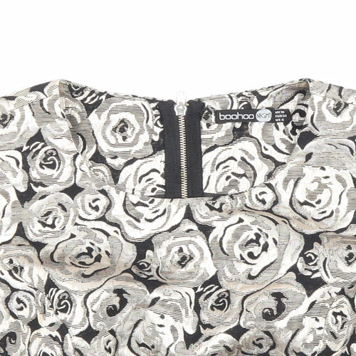 Boohoo Womens Gold Floral Polyester Cropped Blouse Size 10 Scoop Neck