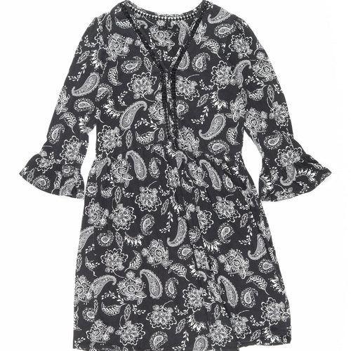 F&F Womens Black Floral Viscose Fit & Flare Size 6 V-Neck Pullover - Lace trim