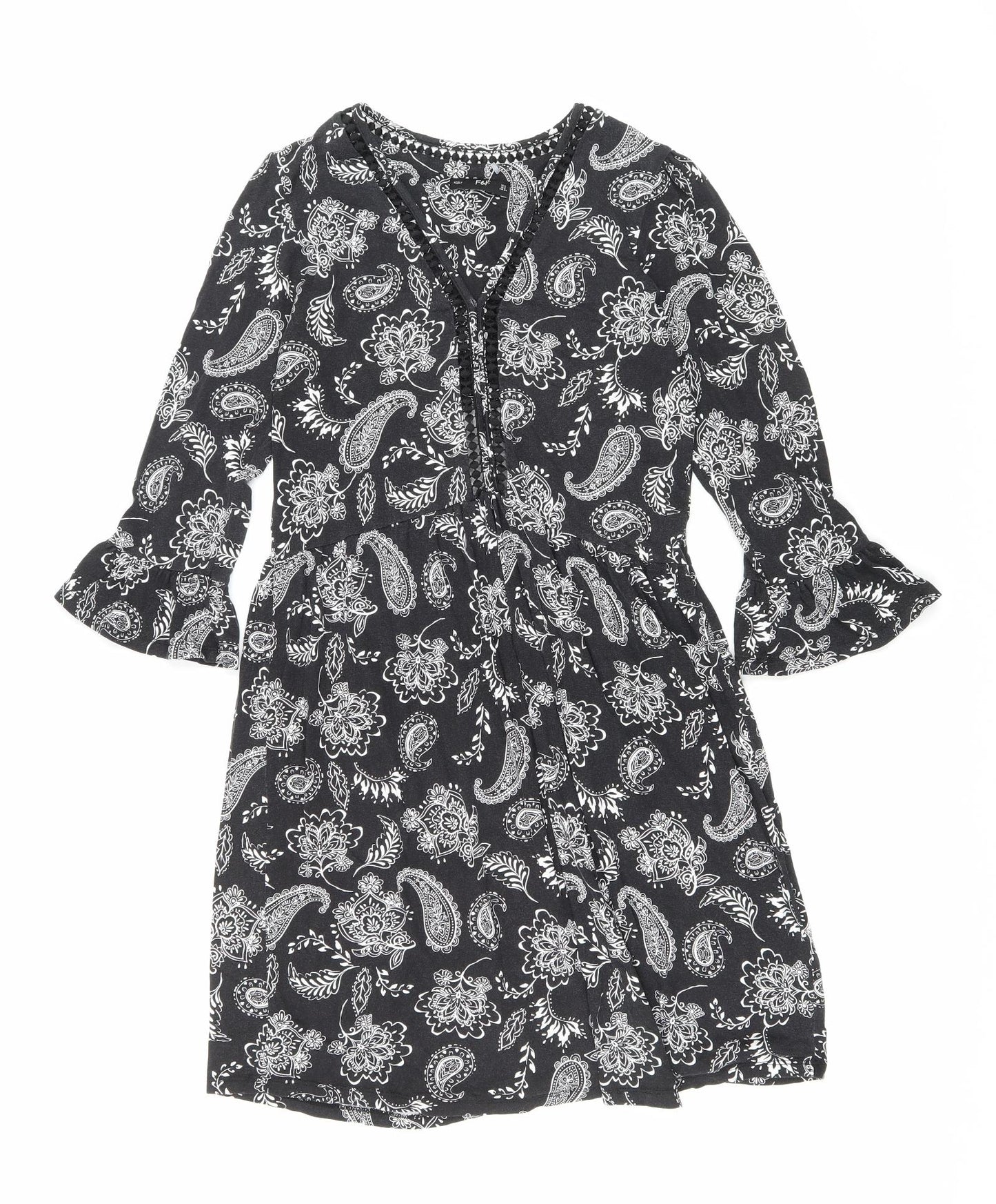 F&F Womens Black Floral Viscose Fit & Flare Size 6 V-Neck Pullover - Lace trim
