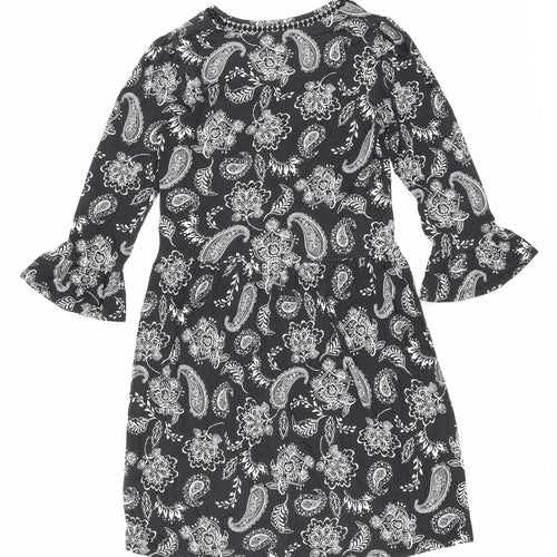F&F Womens Black Floral Viscose Fit & Flare Size 6 V-Neck Pullover - Lace trim