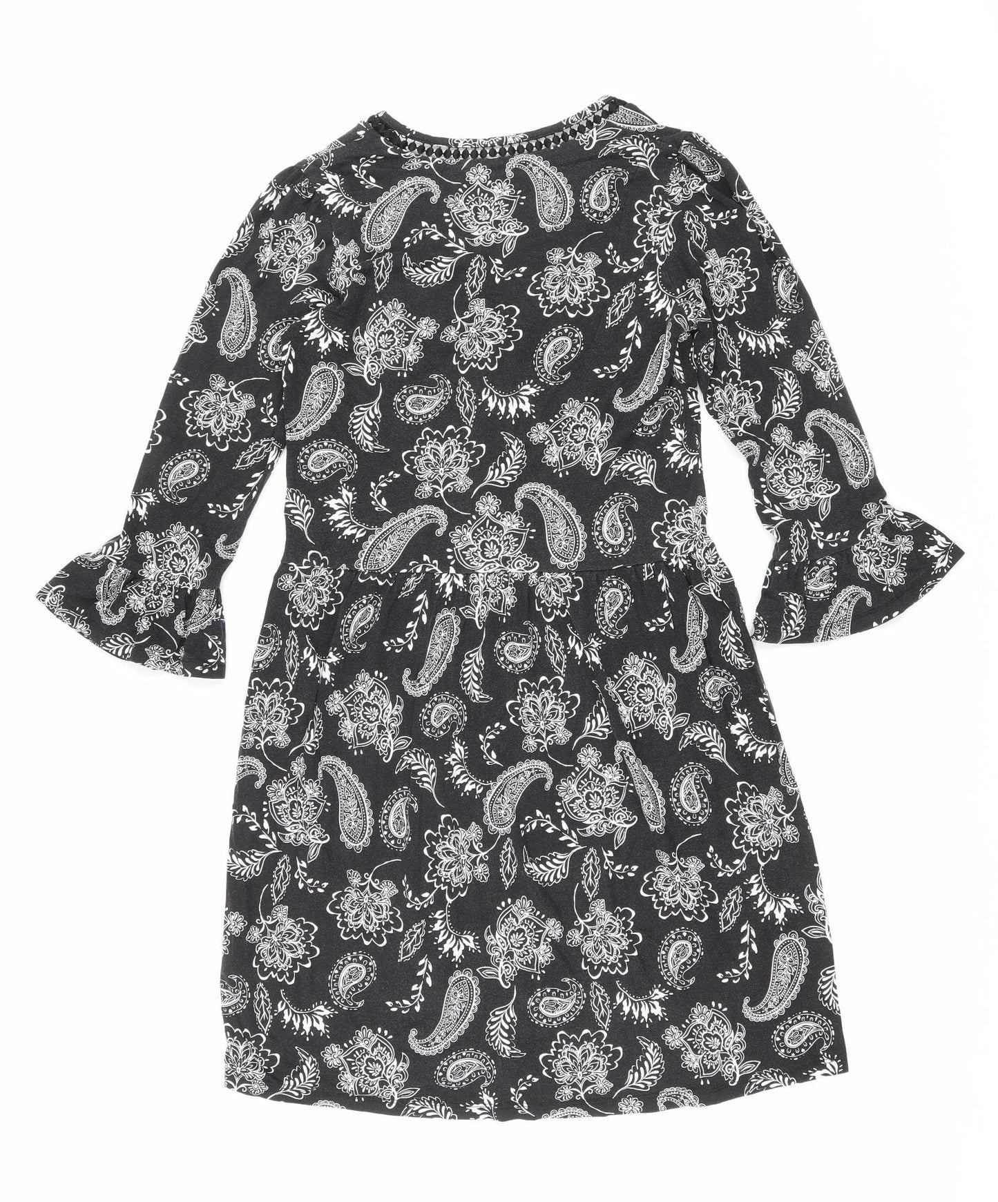F&F Womens Black Floral Viscose Fit & Flare Size 6 V-Neck Pullover - Lace trim