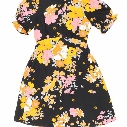 Preworn Womens Black Floral Polyester Fit & Flare Size 6 Round Neck Button