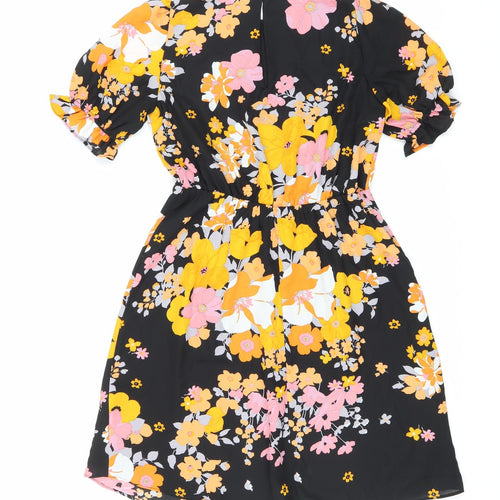 Preworn Womens Black Floral Polyester Fit & Flare Size 6 Round Neck Button