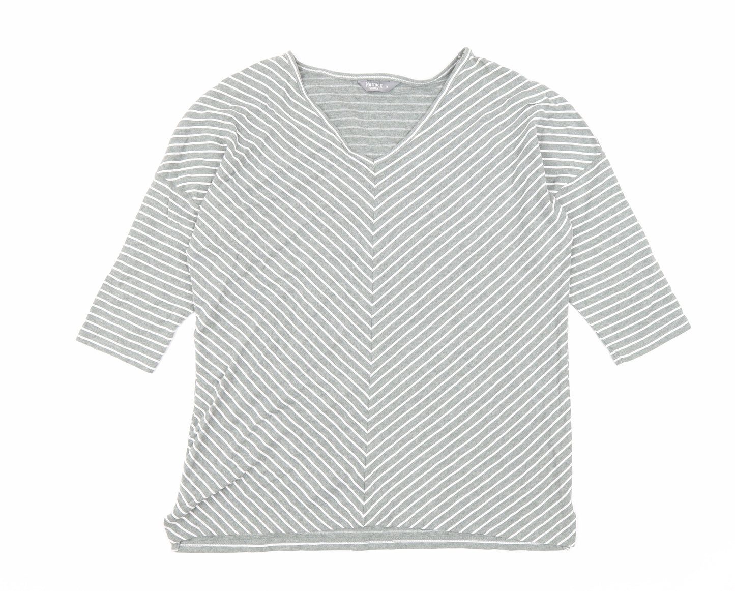 Nutmeg Womens Green Striped Cotton Basic T-Shirt Size 16 V-Neck