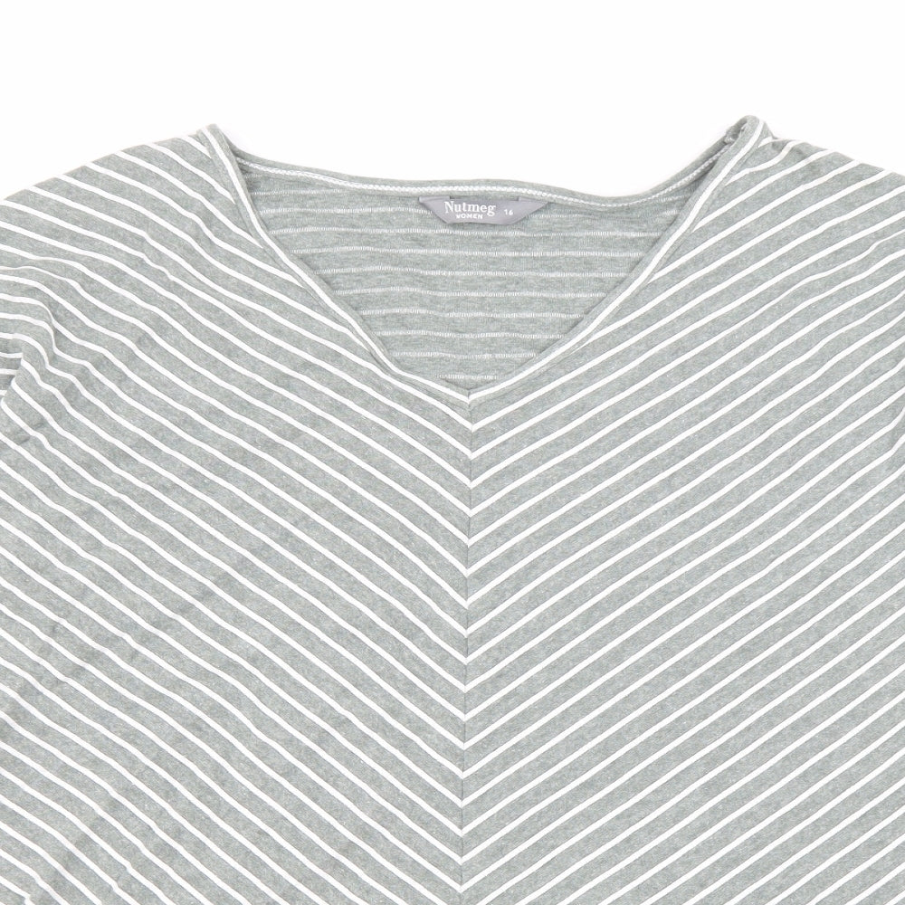 Nutmeg Womens Green Striped Cotton Basic T-Shirt Size 16 V-Neck