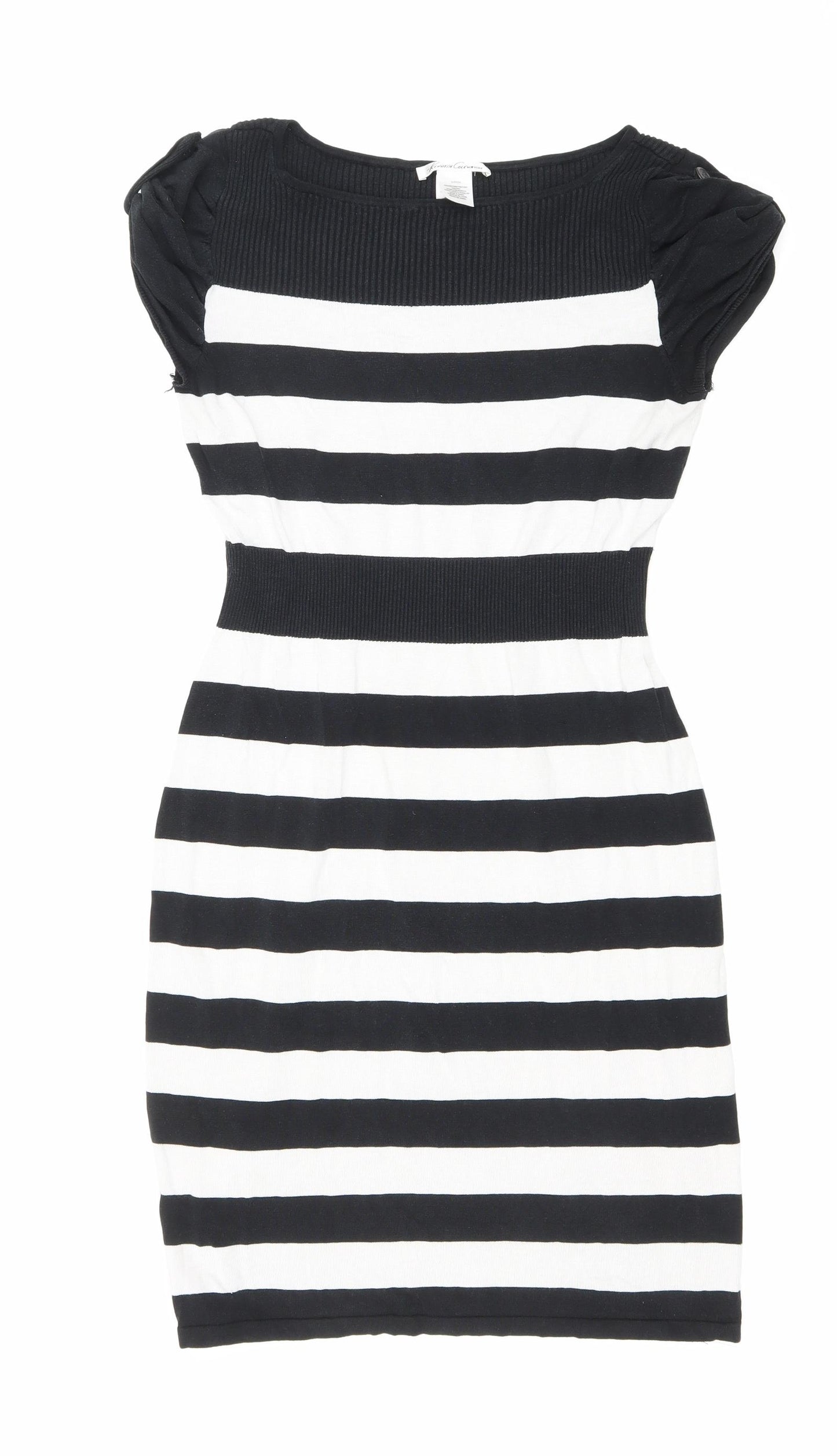 Kenneth Cole Womens Black Striped Viscose Bodycon Size S Boat Neck Pullover