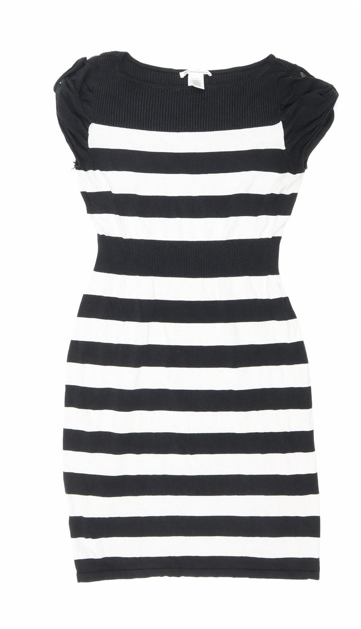 Kenneth Cole Womens Black Striped Viscose Bodycon Size S Boat Neck Pullover