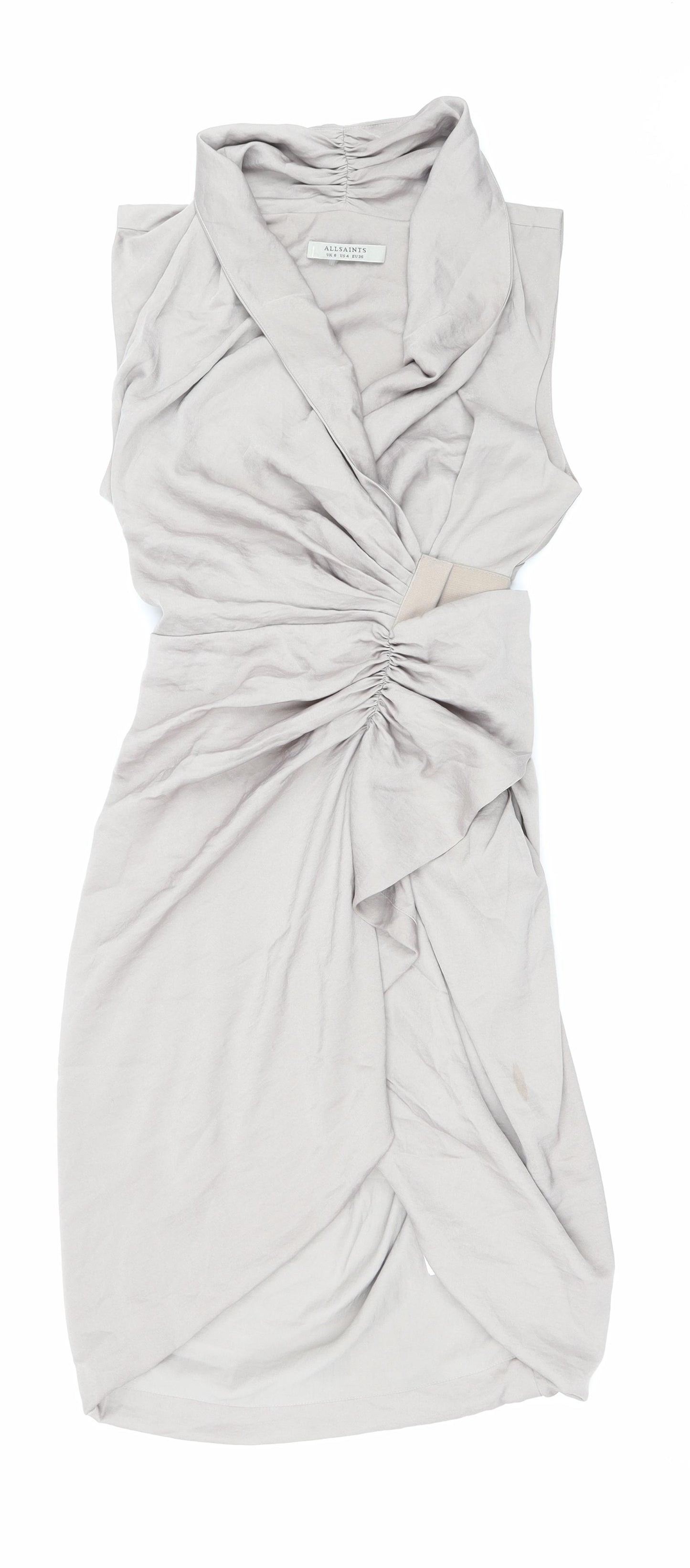 AllSaints Womens Grey Polyester Wrap Dress Size 8 V-Neck Hook & Eye