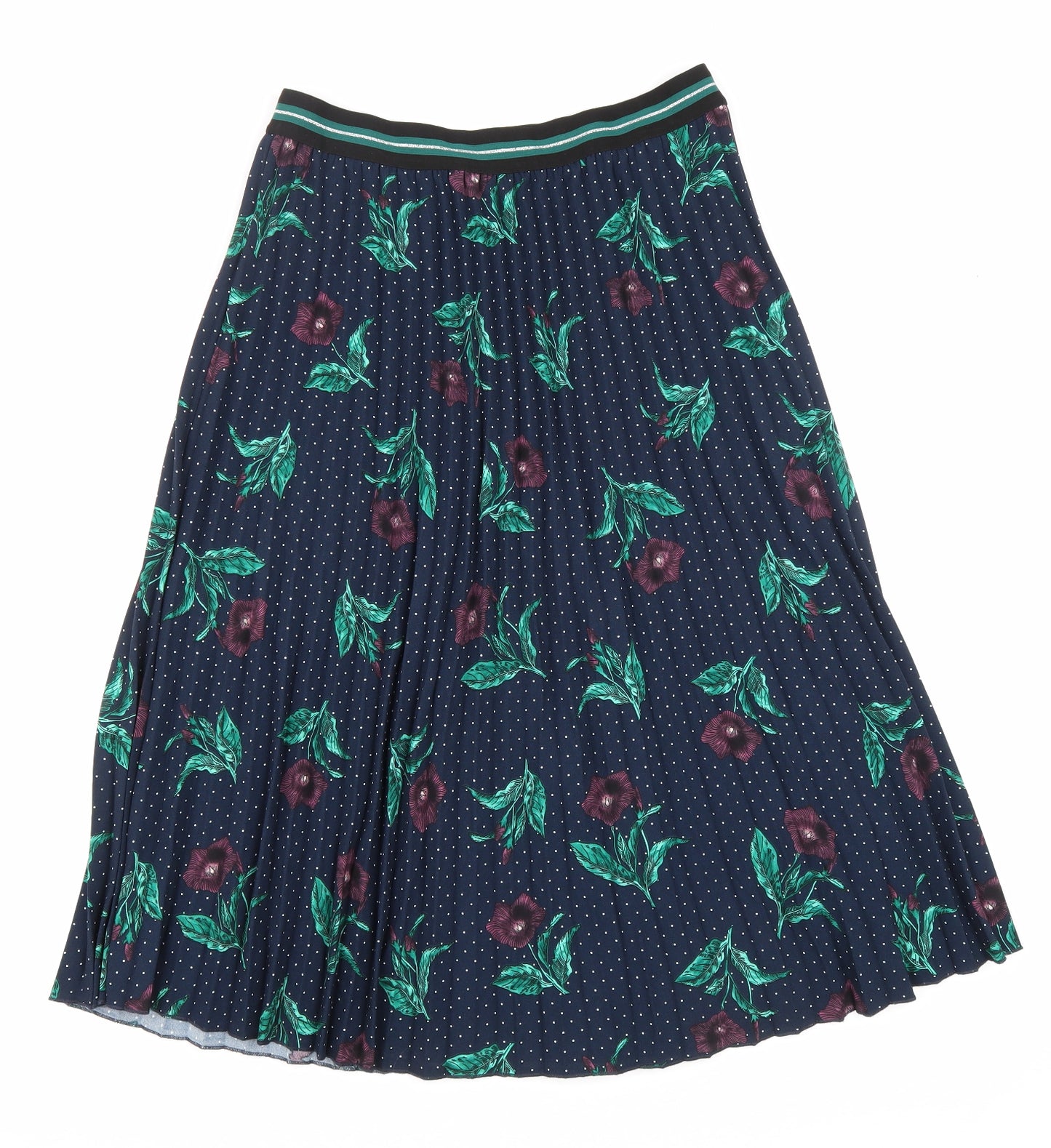Marks and Spencer Womens Blue Floral Polyester Pleated Skirt Size 14 Drawstring