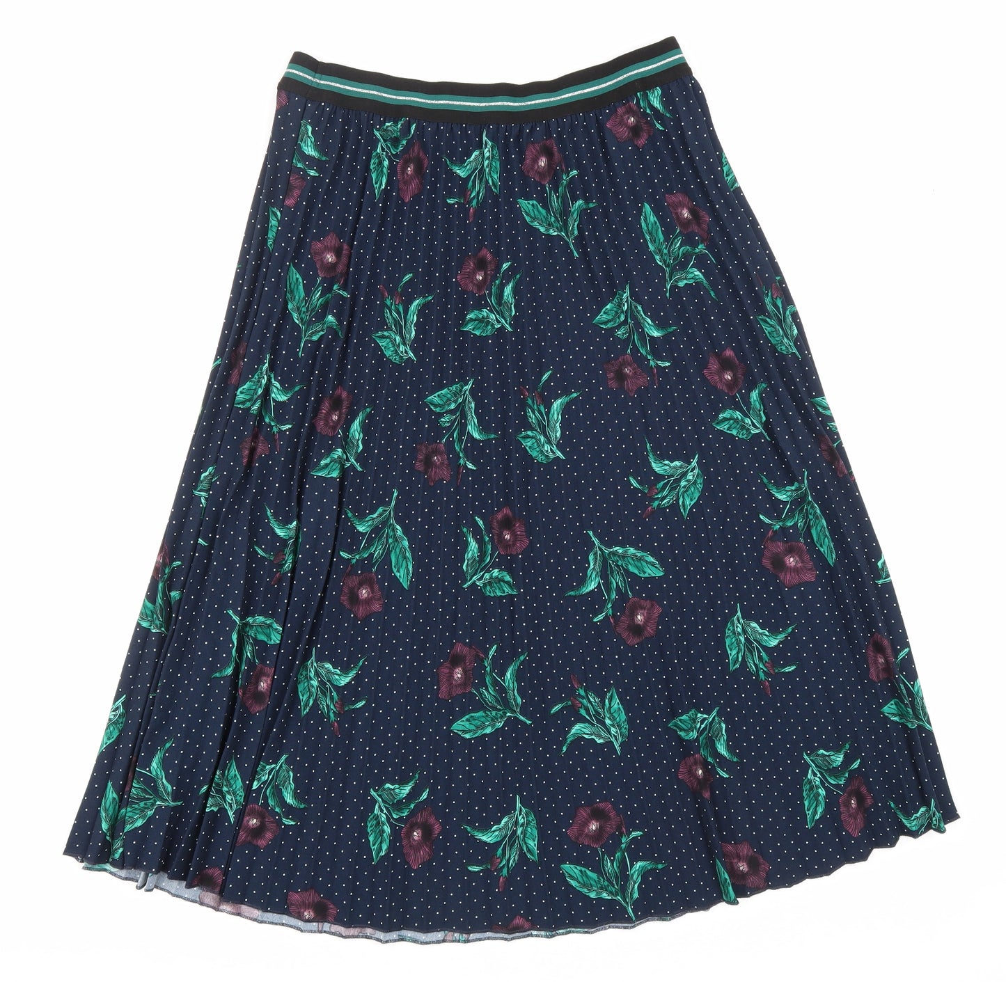 Marks and Spencer Womens Blue Floral Polyester Pleated Skirt Size 14 Drawstring